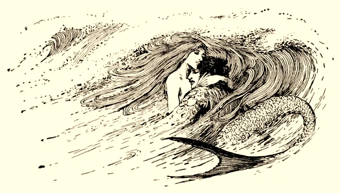 An illustration of a mermaid rescuing a man from the ocean waves.