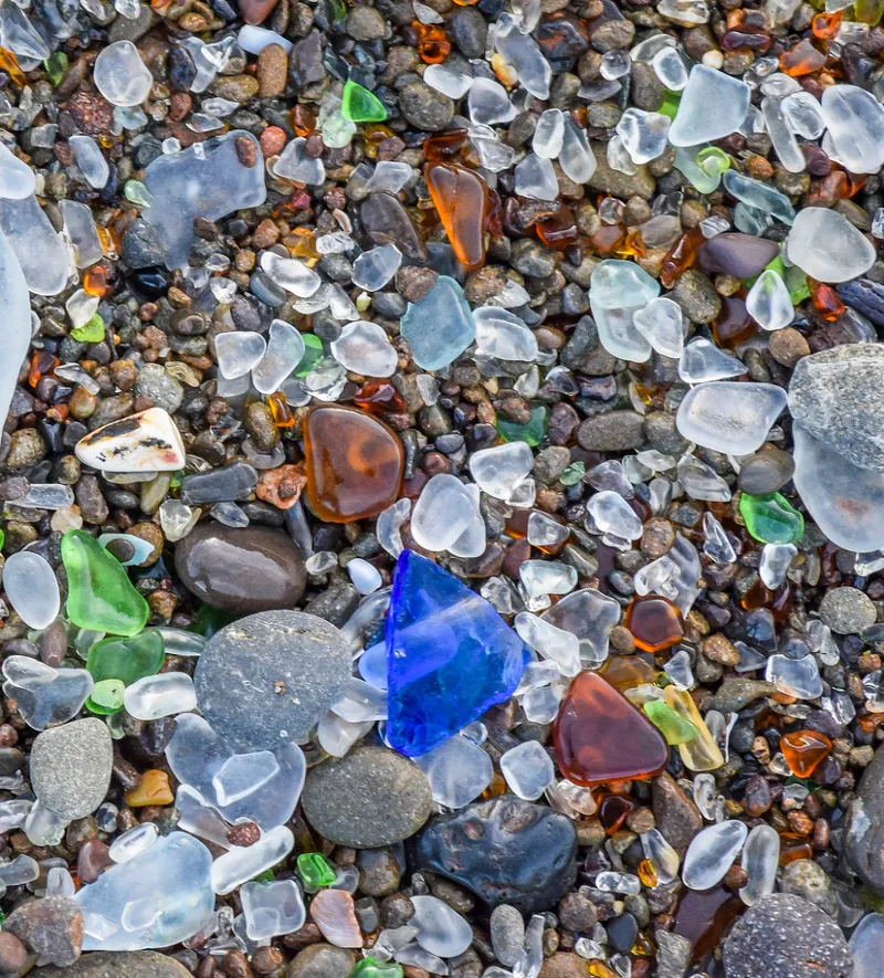 A photograph of many-colored sea glass.