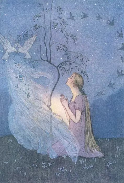 Illustration Cinderella fairy tale by Elenore Abott, depicting Cinderella praying at the hazel tree as doves grant her wishes.