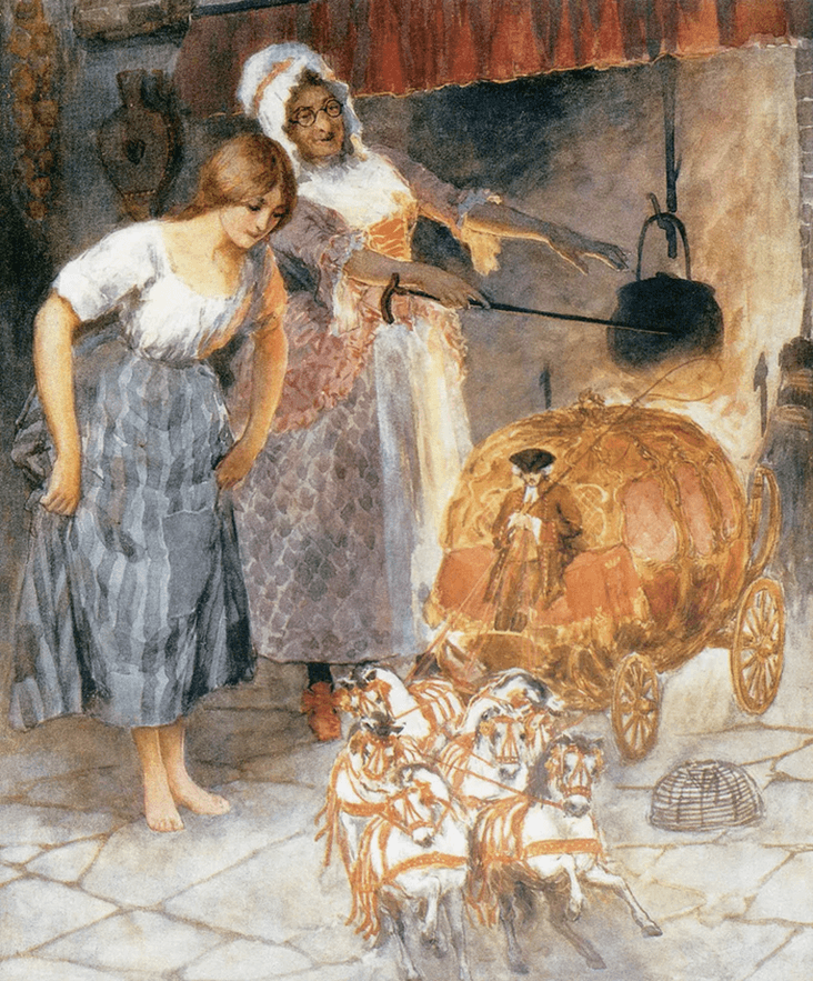 Illustration of folktale and fairy tale Cinderella, depicting Cinderella in the kitchen as her Fairy Godmother transforms the pumpkin into a carriage with horses and coachmen.