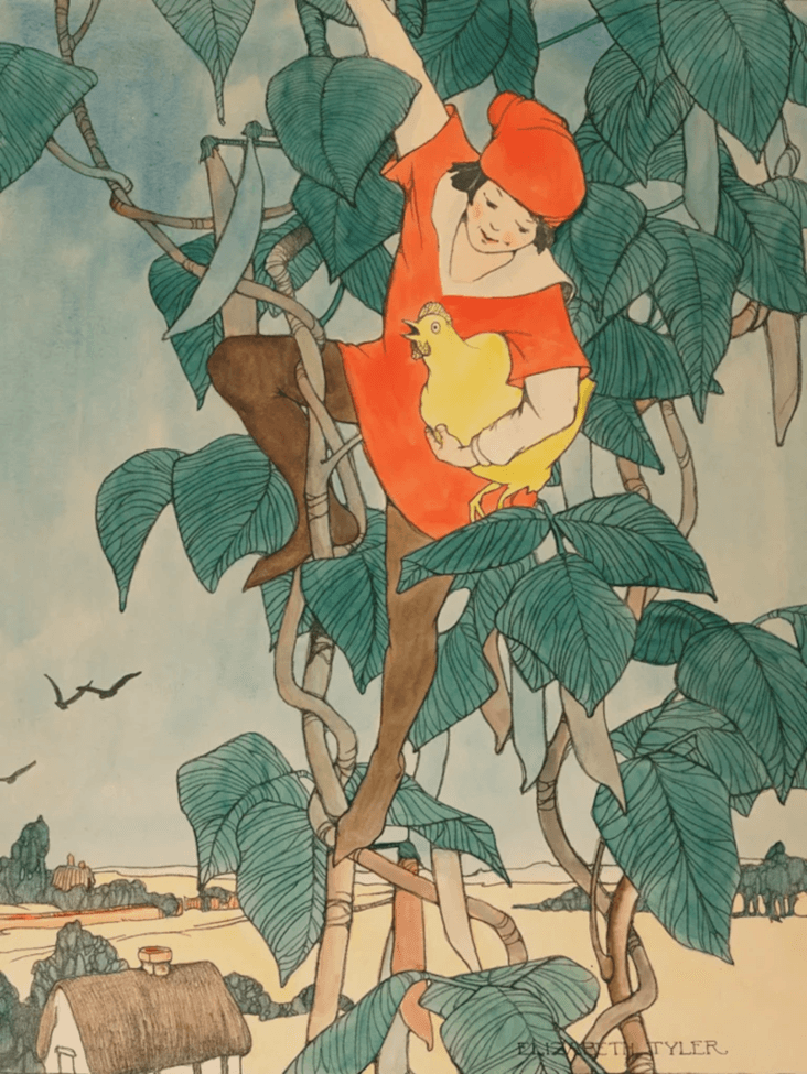 Illustration of the folktale and fairy tale Jack and the Beanstalk, depicting Jack descending the bean stalk carrying a golden hen.