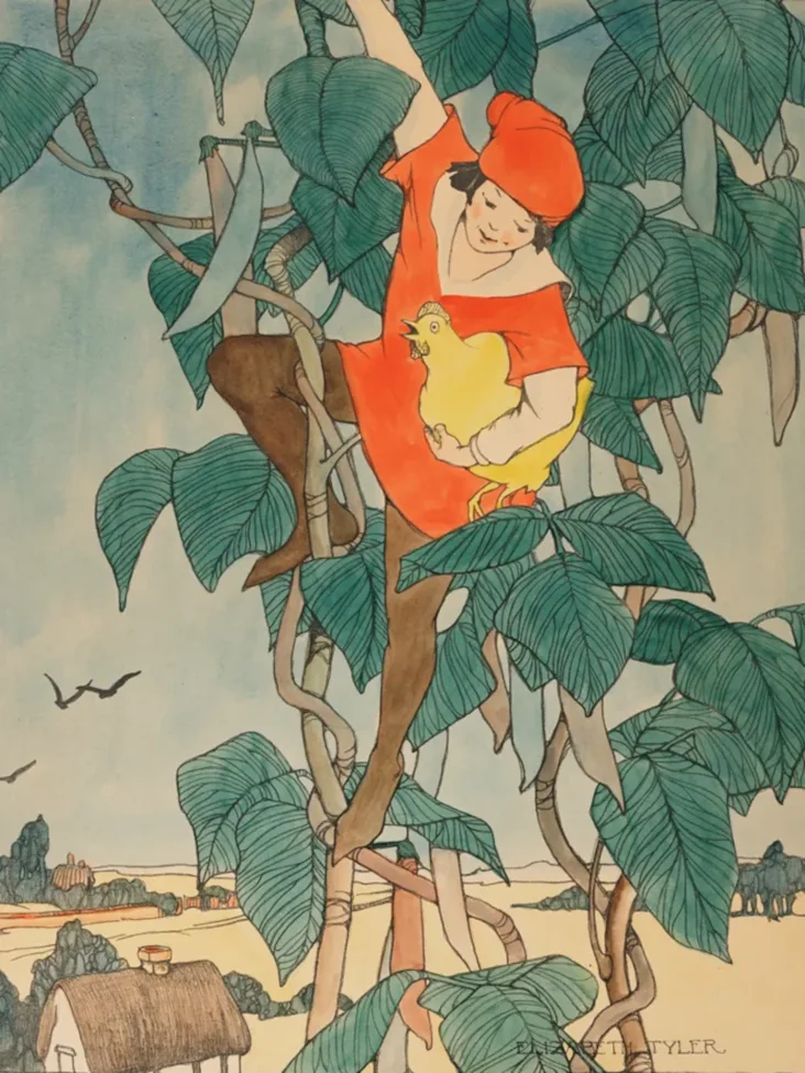 Illustration of the folktale and fairy tale Jack and the Beanstalk, depicting Jack descending the bean stalk carrying a golden hen.