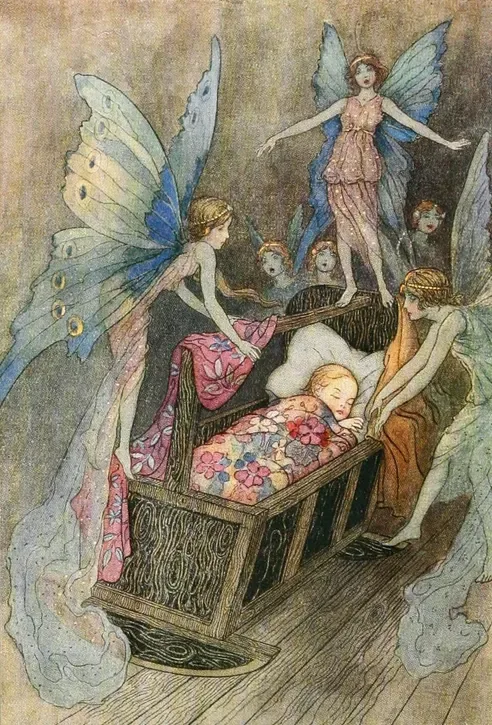 A fairy tale illustration by Warwick Goble depicting fairies gathered around a baby's cradle.