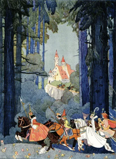 A fairy tale illustration by Maud and Miska Petersham depicting a royal entourage on horseback galloping through a forest with a castle in the background.