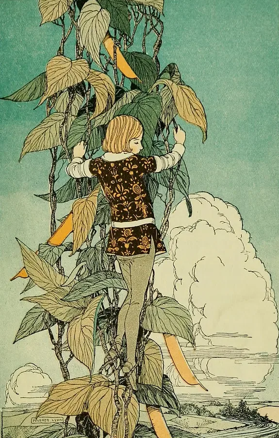 A fairy tale illustration of Jack and the Beanstalk by Mildred Lyon, depicting Jack ascending the bean stalk.