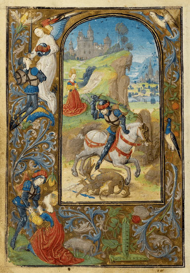 An illumination showing Saint George slaying the dragon as the princess looks on, with ornate depictions of Saint George with an angel and the princess in the surrounding artwork.