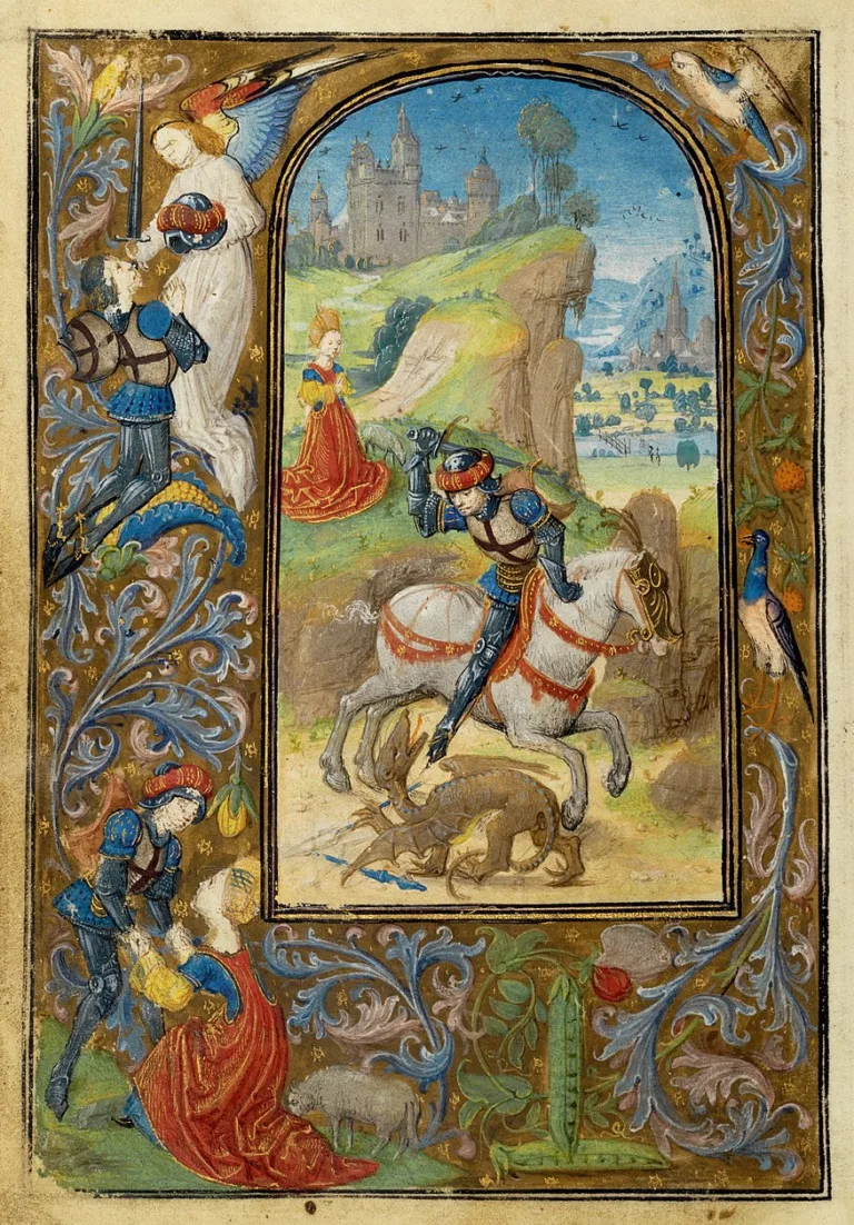 An illumination showing Saint George slaying the dragon as the princess looks on, with ornate depictions of Saint George with an angel and the princess in the surrounding artwork.