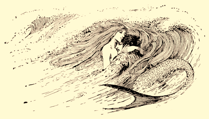A mermaid rescues a prince in a stormy sea in an illustration by Helen Stratton from The Little Mermaid, repurposed here for a retelling of the legend of mermaid tears.